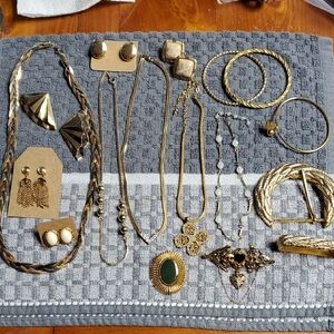 Gold Tone Costume Jewelry Bundle Necklaces Earrings Bracelets Buckle Brooches 16
